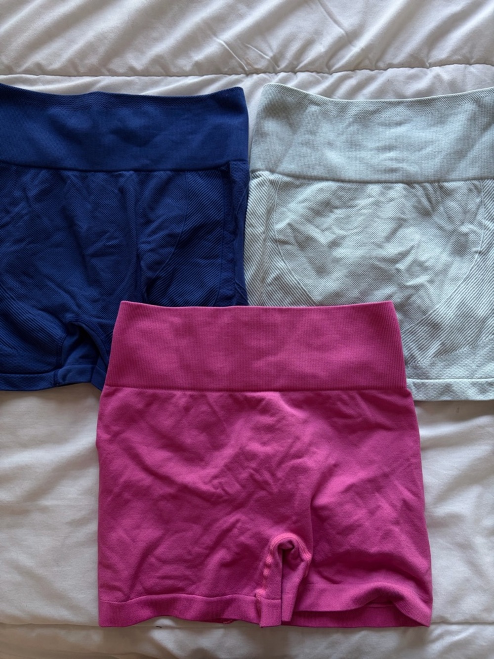 SHEIN workout shorts 3 piece set blue pink and mint